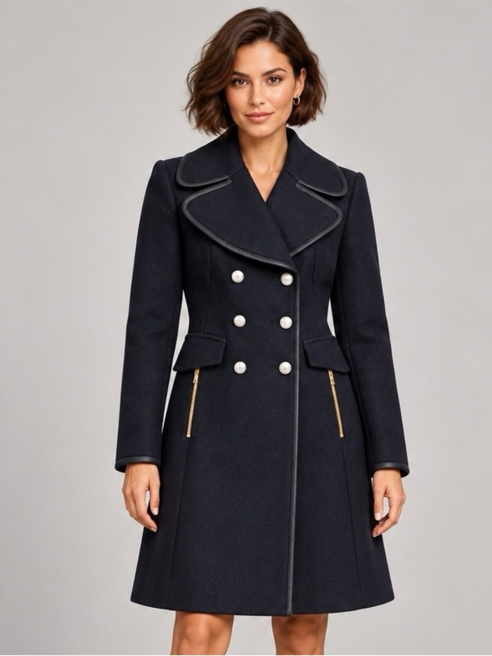 Zara Woman Black Wool Blend Double Breasted Military Coat Gold Zip Size S